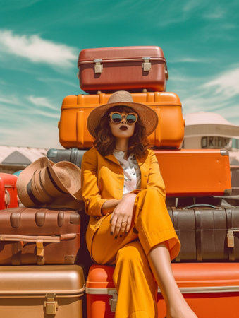 Generative AI : Full length positive ethnic woman with hat smiling for camera while sitting cross legged near suitcase during summer vacation against turquoise backgroundの素材