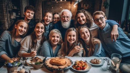 Generative AI : Cute happy girl in reindeer antlers taking selfie of her large family sitting at festive dining table during Xmas celebration Grandparents young parents and childreの素材