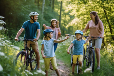 Generative AI : Happy family father puts on son helmet for safe cycling in park in natureの素材