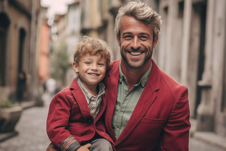 Generative AI : Cute happy little schoolboy with red backpack hugging embracing leg of his father before going in first grade to school on 1st of September smiling at camera whileの素材