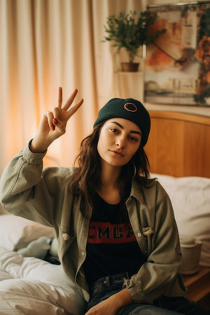 Generative AI : Pretending to be famous singer Young woman in casual wear with closed eyes holding hair brush as microphone and singing her favourite song while sitting on the bedの素材