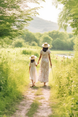 Generative AI : happy family mother and child daughter in nature Park in summer on green grassの素材