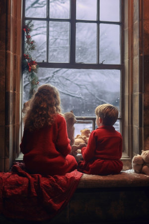Generative AI : Children brother and sister admiring the window for autumnの素材