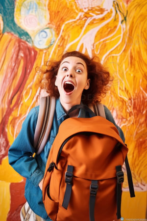 Generative AI : Full body excited girl with red backpack smiling and leaping up during studies at school against yellow backdropの素材