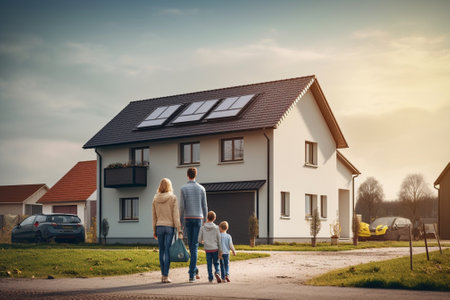 Generative AI : concept housing a young family mother father and children under fake roof in a new home during relocationの素材