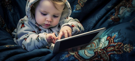 Generative AI : baby girl at a laptop computer mobile phoneの素材