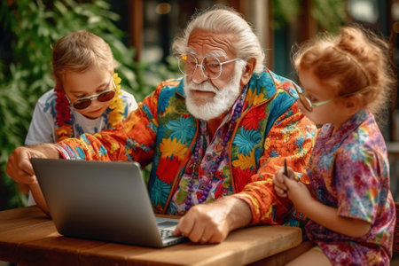 Generative AI : Smiling senior grandparents and cute little girl granddaughter looking at laptop computer screen while sitting on sofa at home happy child watching cartoons with grの素材