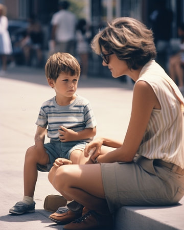 Generative AI : first day at school mother knelt down next to her little schoolboy son on streetの素材