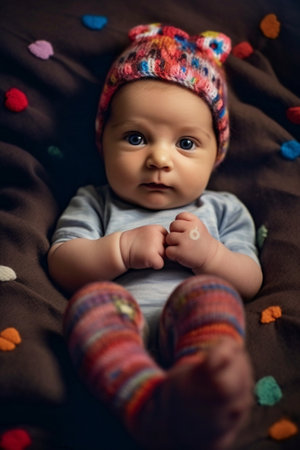 Generative AI : happy pregnant woman with blue pink baby socksの素材