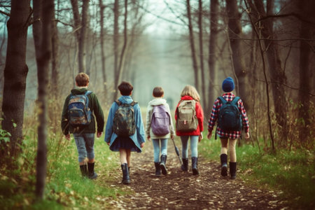 Generative AI : Happy excited school children with backpacks in casual clothes enjoying walk in forest on sunny autumn day five active kids boys and girls running and playing togetの素材