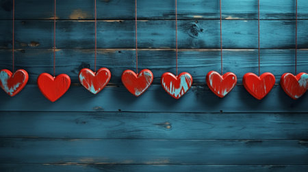 Generative AI : background of Valentines Day red hearts on a wooden backgroundの素材