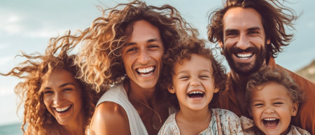 Generative AI : Cheerful parents carrying son and daughter on shoulders while laughing and looking at camera on ocean shorelineの素材