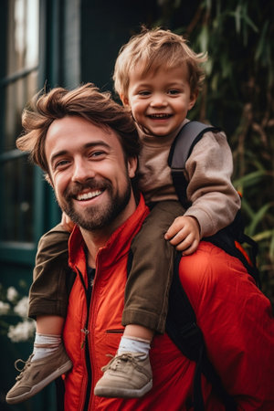 Generative AI : Cute happy little schoolboy with red backpack hugging embracing leg of his father before going in first grade to school on 1st of September smiling at camera whileの素材