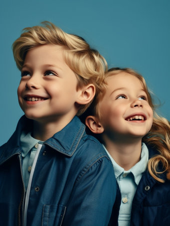 Generative AI : Delighted smart little boy embracing smiling sister from behind and looking at camera isolated on yellow backgroundの素材