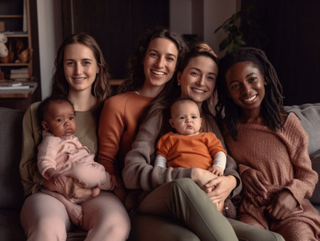 Generative AI : Full body mother and grandmother with kids smiling and looking at camera while sitting on floor near couch at homeの素材