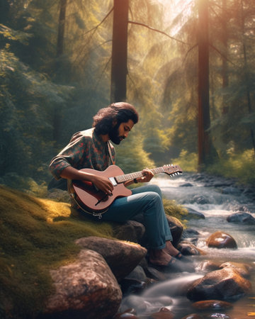 Generative AI : Young man learning to play acoustic guitar through internet on laptop watching online tutorial on computer during camping trip in forest guy sitting near tent at caの素材