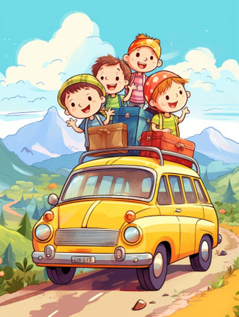 Generative AI : happy children girl and boy goes to summer travel trip in the carの素材