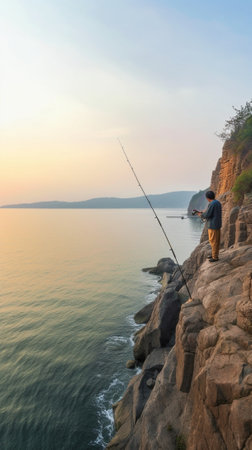 Generative AI : fisherman with a fishing rod fishing on the background of the seaの素材