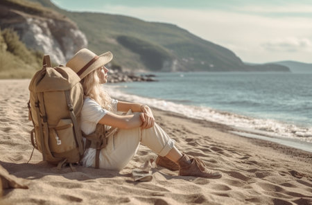 Generative AI : happy tourist girl with a backpack and hat on sea beachの素材