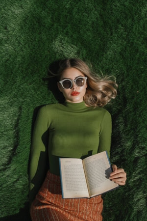 Generative AI : Lovely girl in striped outfit and glasses with charming smile lying on green grass outside in city park with open book in hands and takeaway coffee young woman enjoの素材