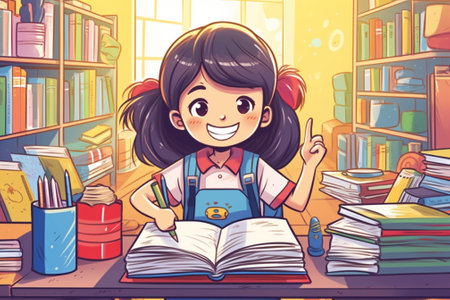 Generative AI : happy girl student preparing homework preparing for the exam with books at home on the floorの素材