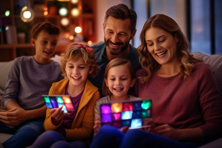 Generative AI : Little laughing girl sharing tablet with brother and parents while gathering all together on sofa in cozy living roomの素材