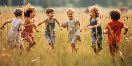 Generative AI : Cheerful little kids in casual clothes having fun and running back in together in green field at sunset while enjoying summer holidays in countrysideの素材