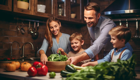Generative AI : happy family with child preparing vegetable salad at homeの素材