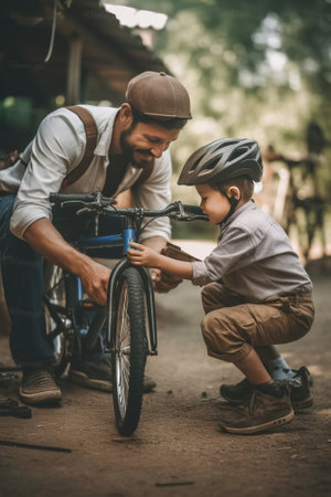 Generative AI : Happy family father puts on son helmet for safe cycling in park in natureの素材