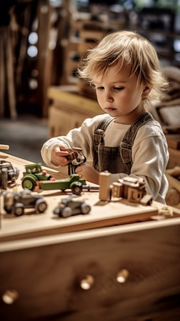 Generative AI : Happy little boy helping father while creating wooden toy car at workbench and enjoying time together in modern carpentry workshopの素材