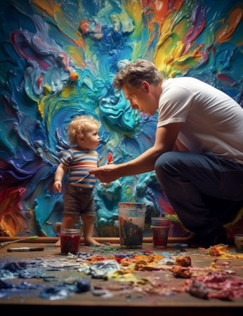 Generative AI : father and baby son paint together with colored pencilsの素材