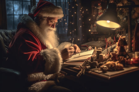 Generative AI : Santa Claus at desk with letters toys gifts near Christmas treeの素材