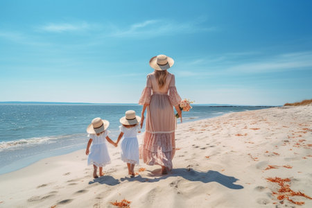 Generative AI : Happy family mother and children on the beach by the sea in summerの素材