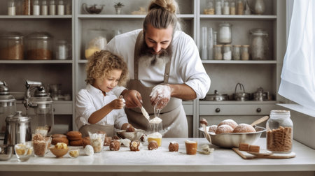 Generative AI : happy family in kitchen Father and child son baking cookies togetherの素材