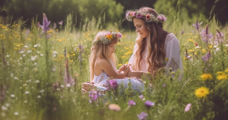 Generative AI : happy laughing family daughter hugging mother in wreaths of summer flowers in natureの素材