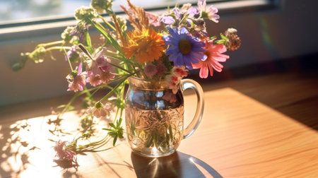 Generative AI : bouquet of wild flowers in a cup on a wooden table on a background of greenery and sunlightの素材