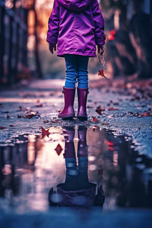 Generative AI : happy child girl with an umbrella and rubber boots in puddle on an autumn walkの素材