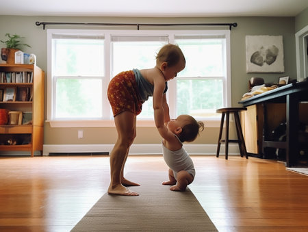 Generative AI : mother with child practicing yoga in a headstandの素材