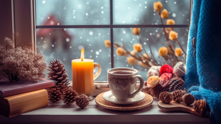 Generative AI : Christmas winter window with a book a cup of hot tea and a teddy bearの素材