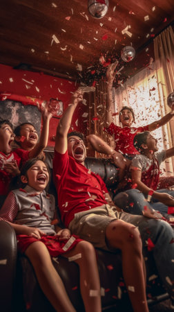 Generative AI : Delighted parents and children with popcorn and ball raising arms and screaming while watching football match and celebrating goal at homeの素材