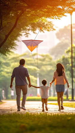 Generative AI : Happy family father mother and child daughter launch a kite on nature at sunsetの素材