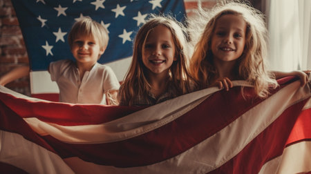 Generative AI : Happy child boy with flag of United States running in living room at home while celebrating independence day of USA on 4th of July with family American patriotic hoの素材