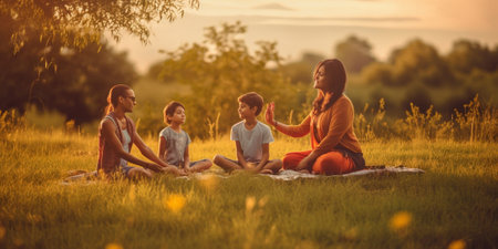Generative AI : Happy family mother father children son and daughter sit on grass laughing and playing on nature on sunsetの素材