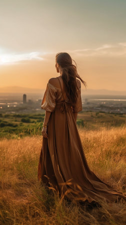 Generative AI : Happy woman standing with her back on the sunset in nature in summerの素材