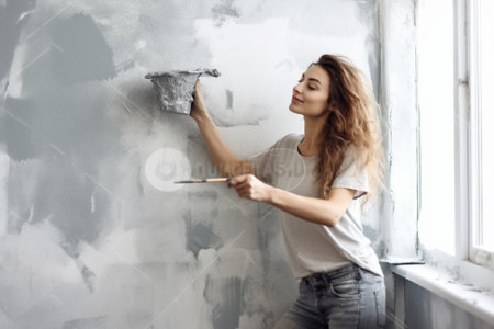 Generative AI : Repair in the apartment Happy woman paints the wall with blue paintの素材