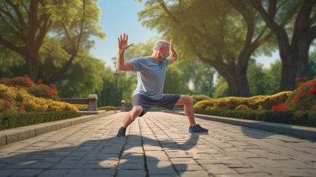 Generative AI : Fulllength photo of happy smiling retired sportsman in sportswear and headphones doing front squat on one leg forward with hands folded outside in city park duringの素材