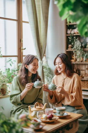 Generative AI : Smiling mother and cute daughter decorating willow branches with eggs at table while preparing for Easter celebration at homeの素材