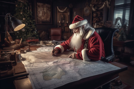 Generative AI : Santa Claus at his desk with letters and Christmas presentsの素材
