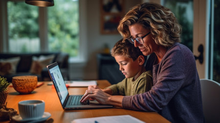 Generative AI : Working with kids Young focused woman mother wearing eyeglasses using laptop and thinking about work task while small boy son gently hugs her Childcare conceptの素材