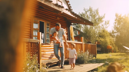 Generative AI : happy family mother father and child son are sitting on the porch laughing and playing in the summer at the dacha country houseの素材